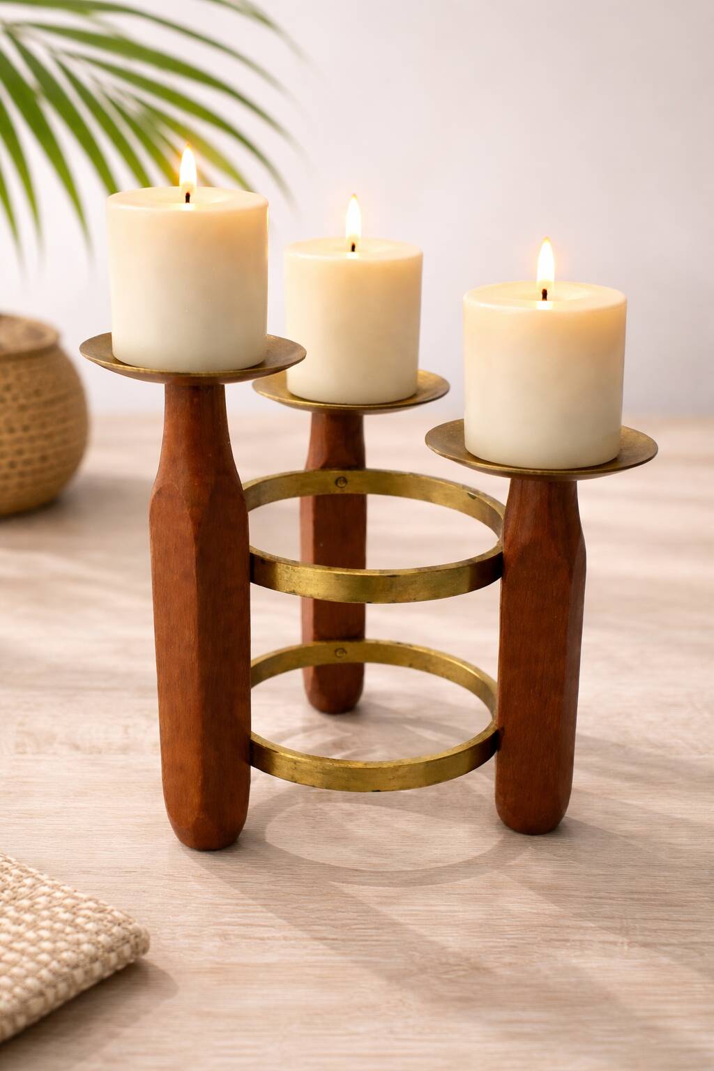 Chandelier ajustable en teck et laiton Mid-Century