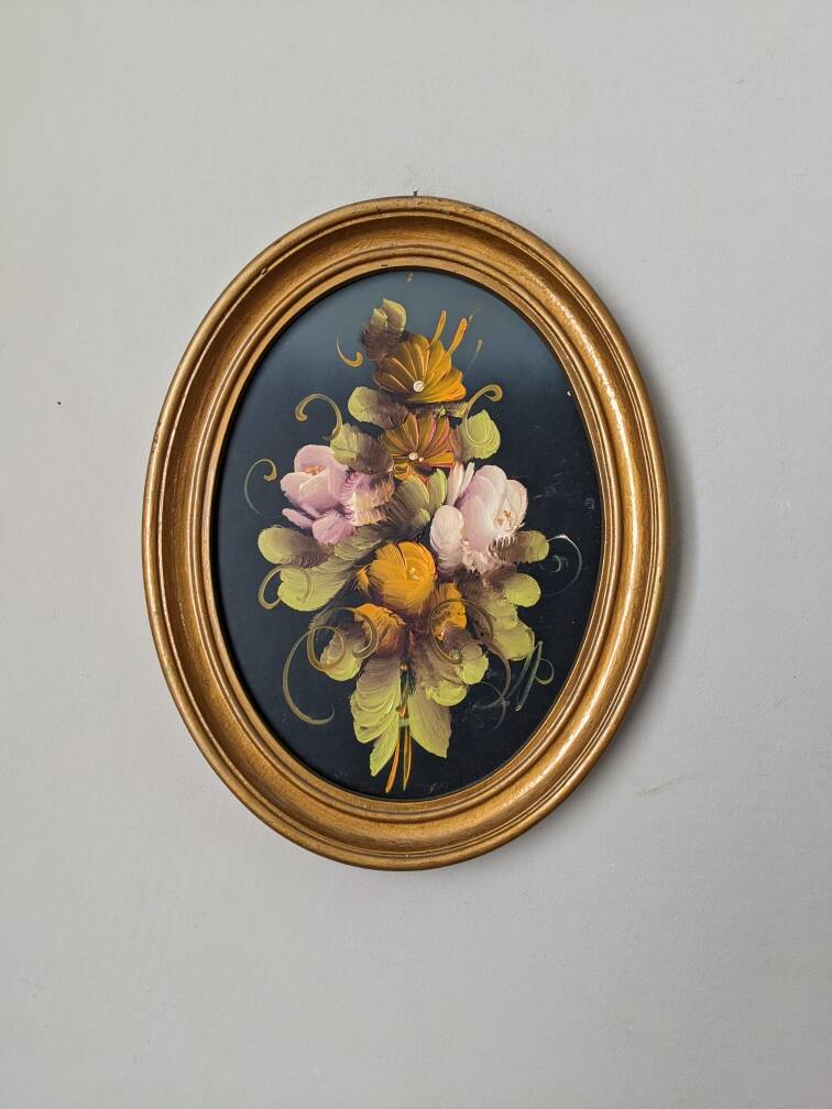 Tableau ancien cadre ovale nature morte fleurs campagne acrylique sur bois
