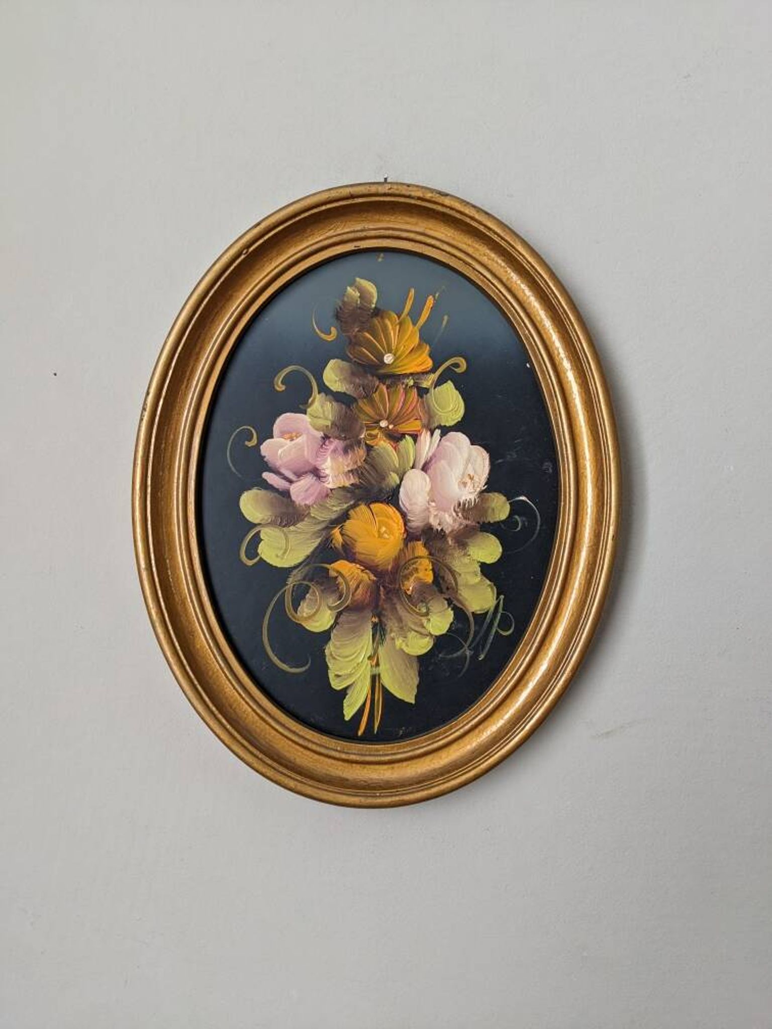 Antique painting oval frame still life countryside flowers acrylic on wood