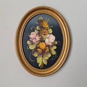 Antique painting oval frame still life countryside flowers acrylic on wood