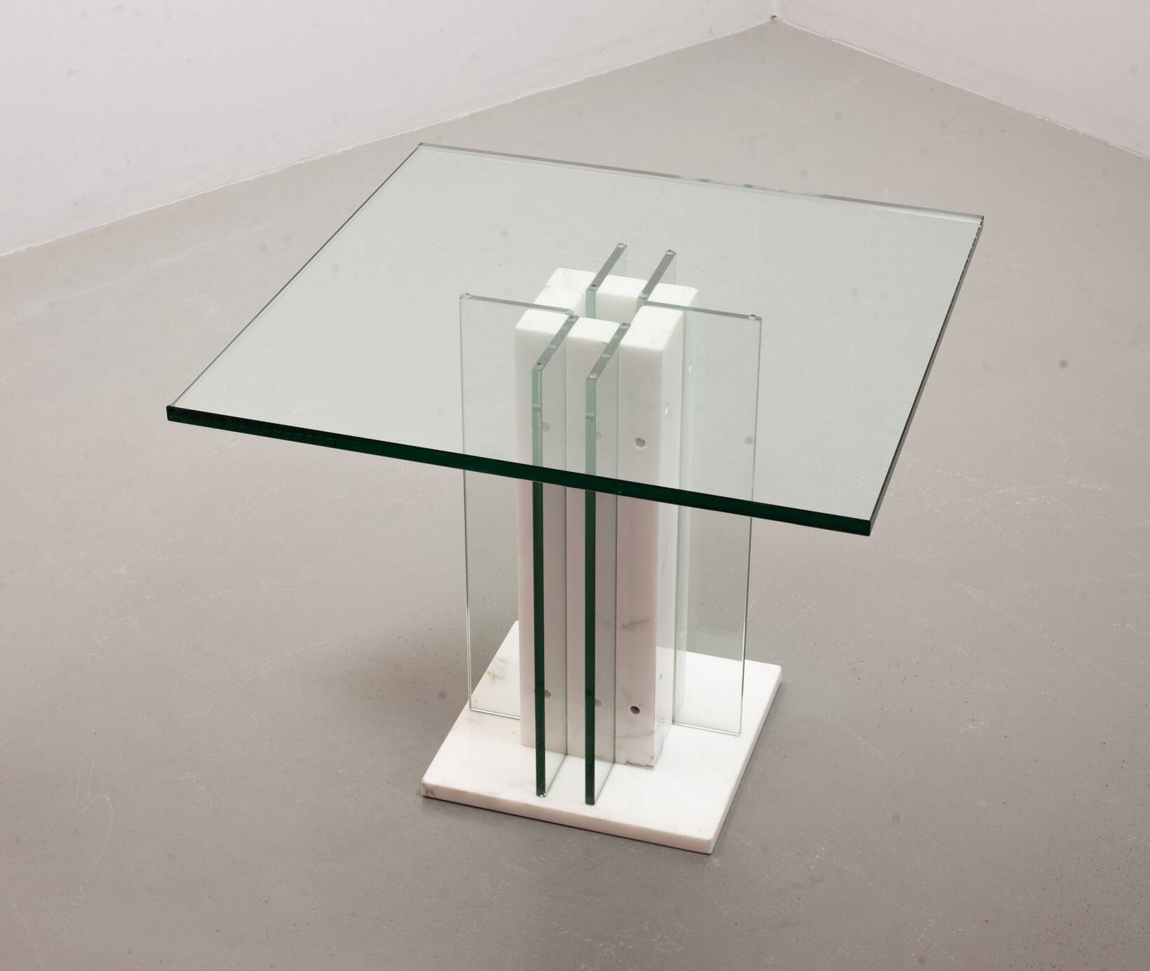 White Marble Italian Square Side Table with Glass Top and Lighting Option