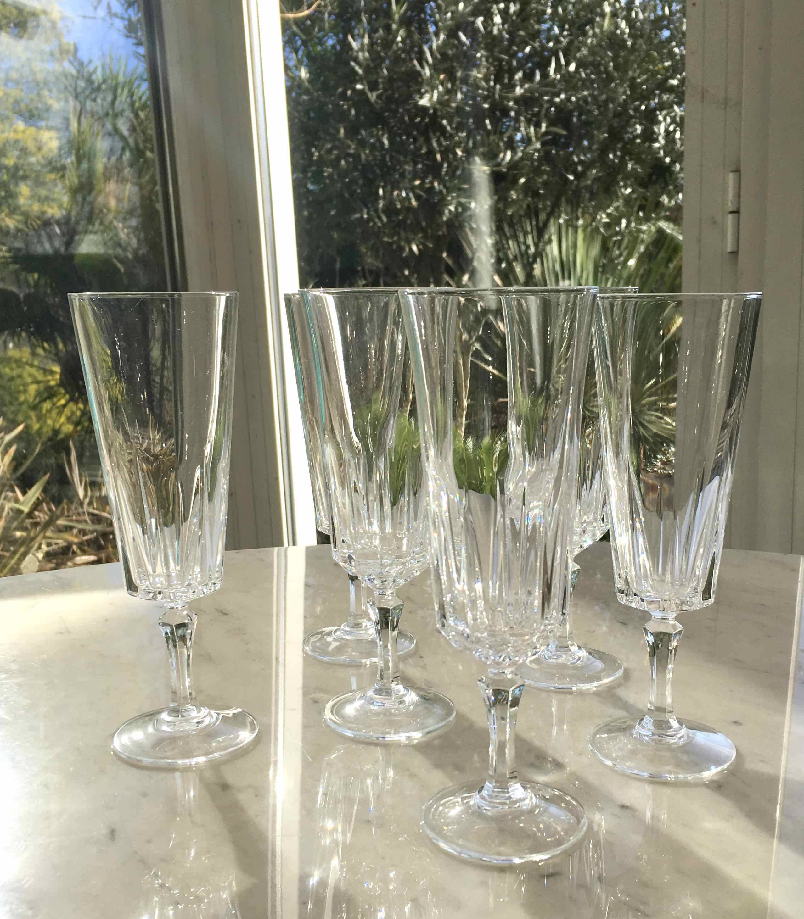 6 cut crystal champagne flutes