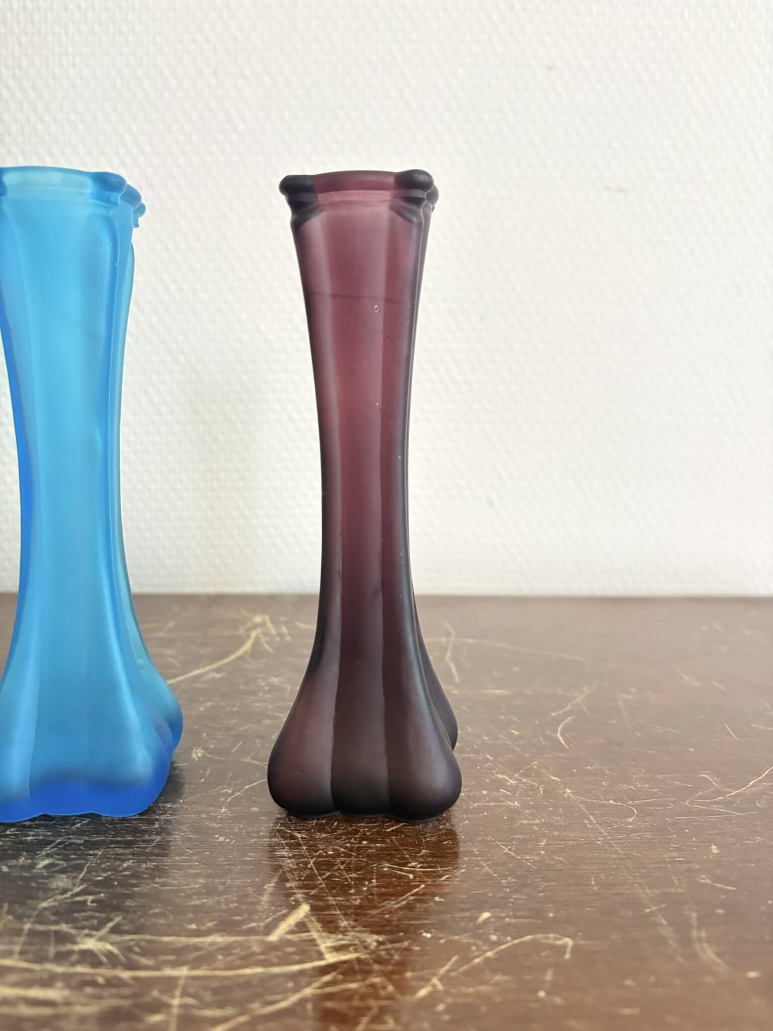 Antique Pair of Art Nouveau Frosted Glass Soliflore Vases in Blue and Purple