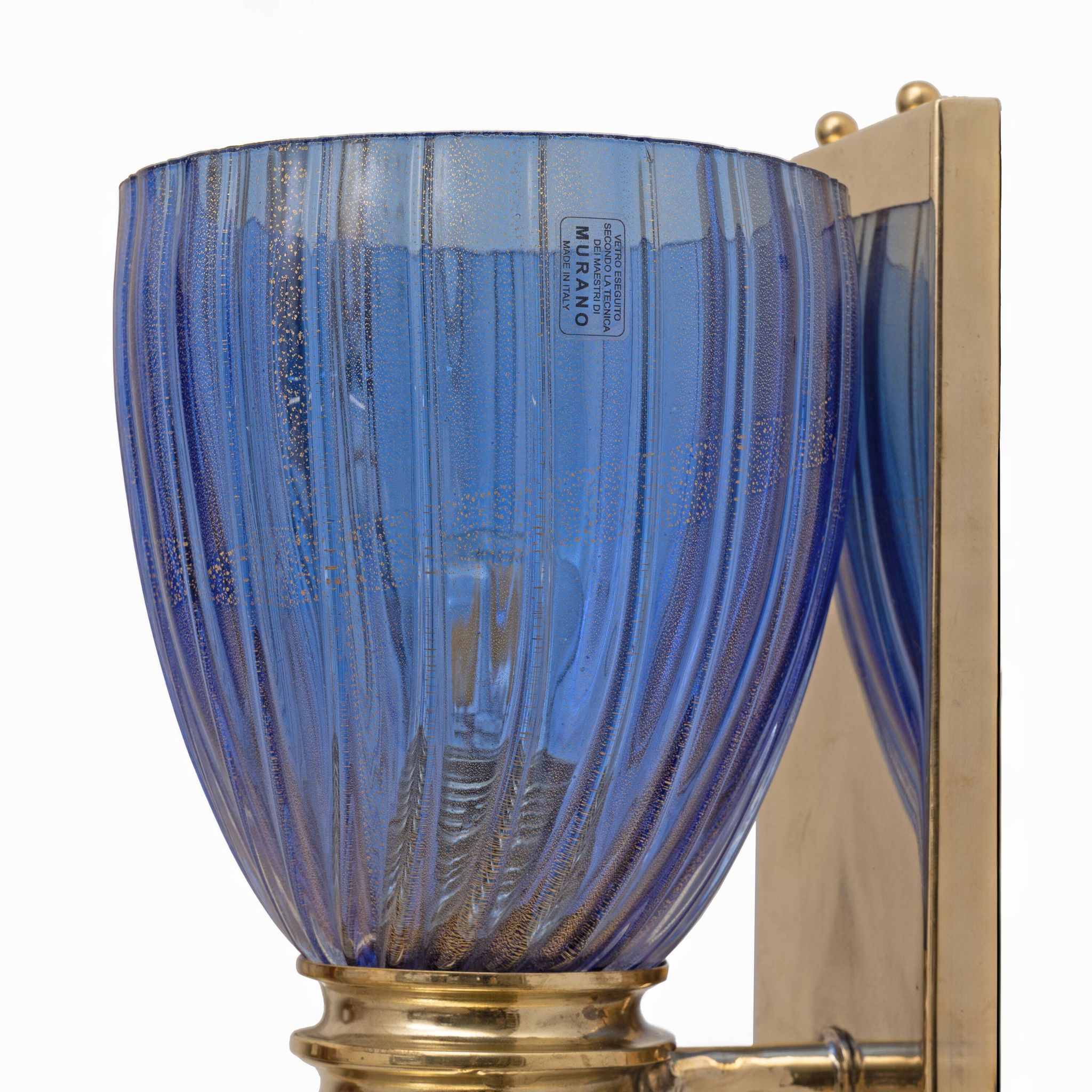 Pair of Murano Glass Blue Wall Sconces with Gold Dust Inclusions