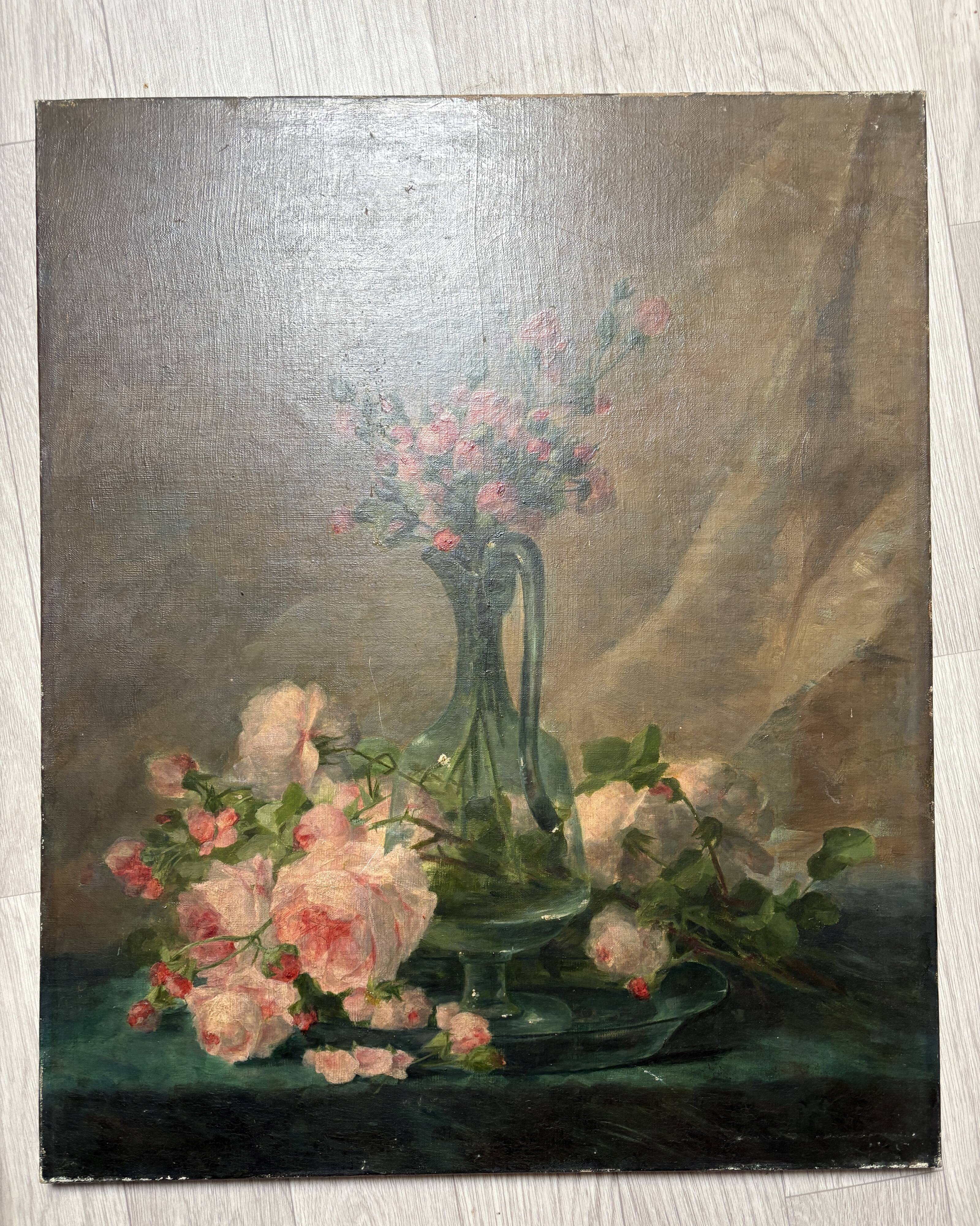 Old still life with roses – Flower bouquet – Oil on canvas