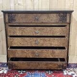 Commode secrétaire du XIXème en loupe d'orme, sapin et dessus marbre noir