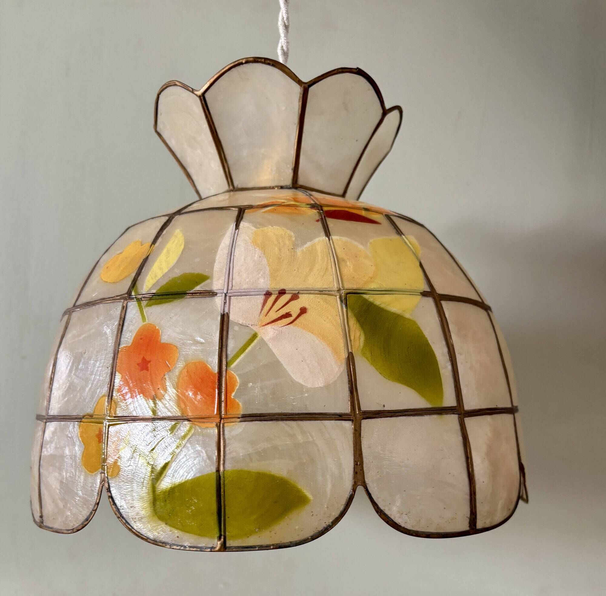 Vintage mother-of-pearl and brass lampshade pendant light with flower decorations