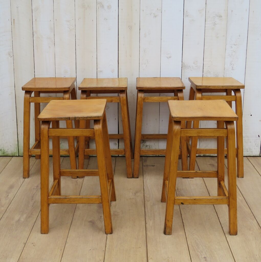 Six English School Lab Bar Stools