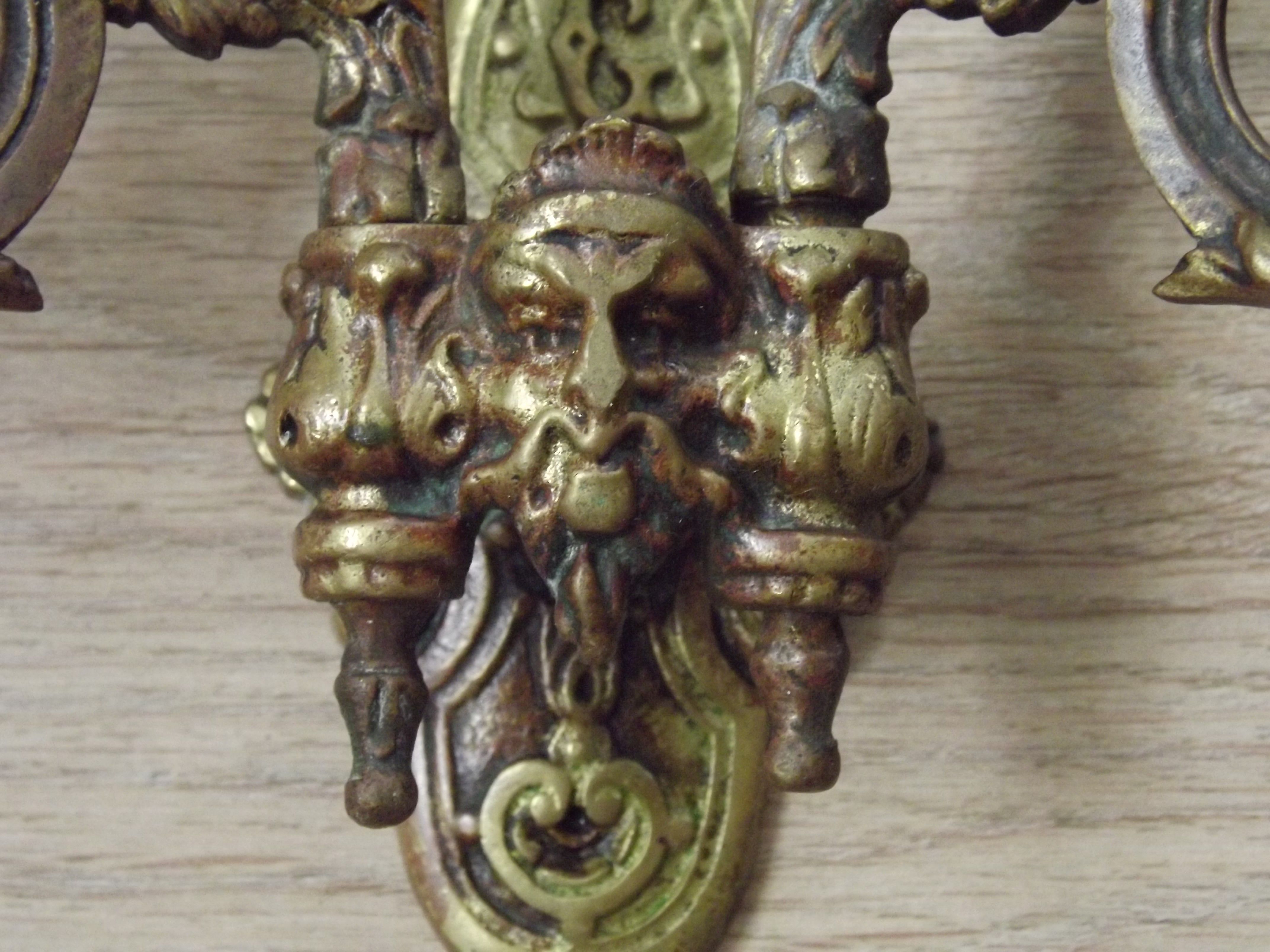 Antique French Gothic Dragon Bronze Double Piano Sconce Signed L. Pinet