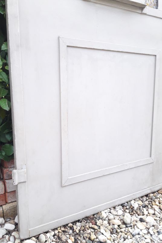 Workshop door 258.4x98.5cm in iron and colored cathedral glass