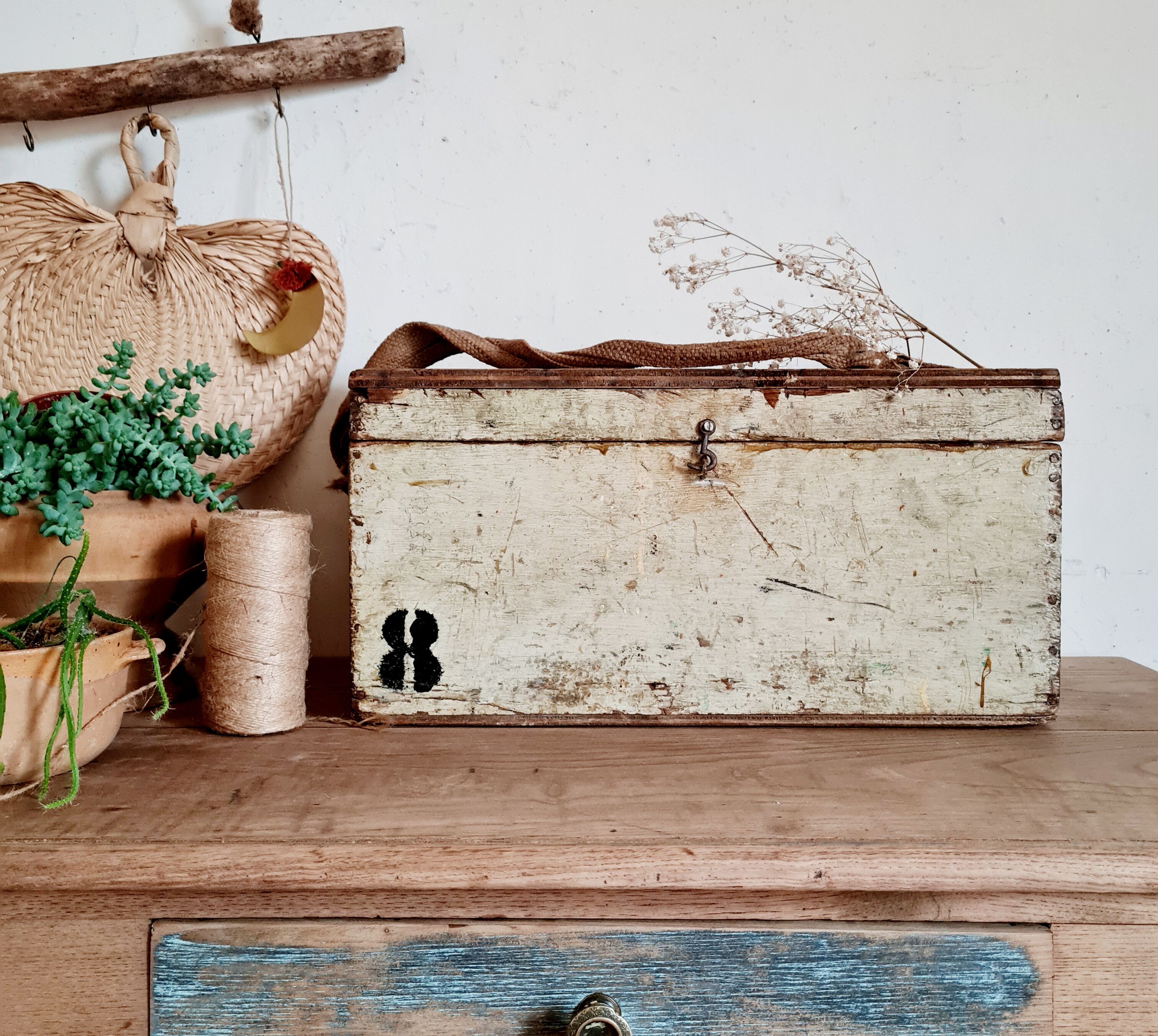 White patinated antique wooden chest