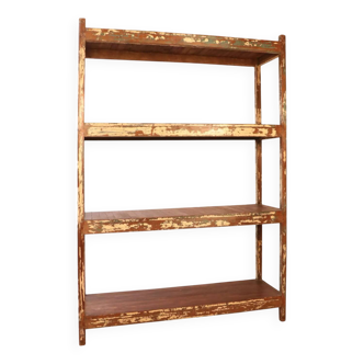 Old workshop shelf in Burmese teak with teak patina - original ecru