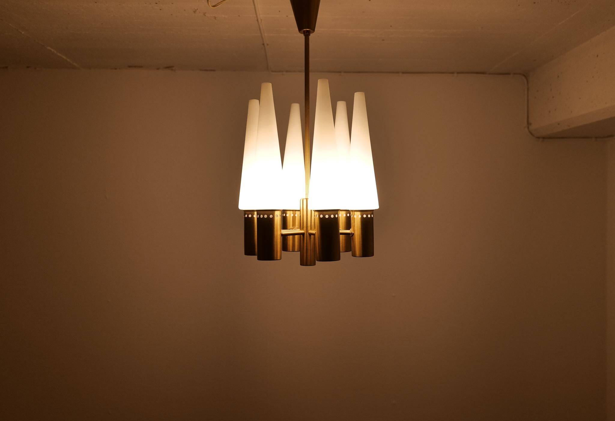 Midcentury brass and opaline ceiling lamp by Hans-Agne Jakobsson, Sweden, 1950s.