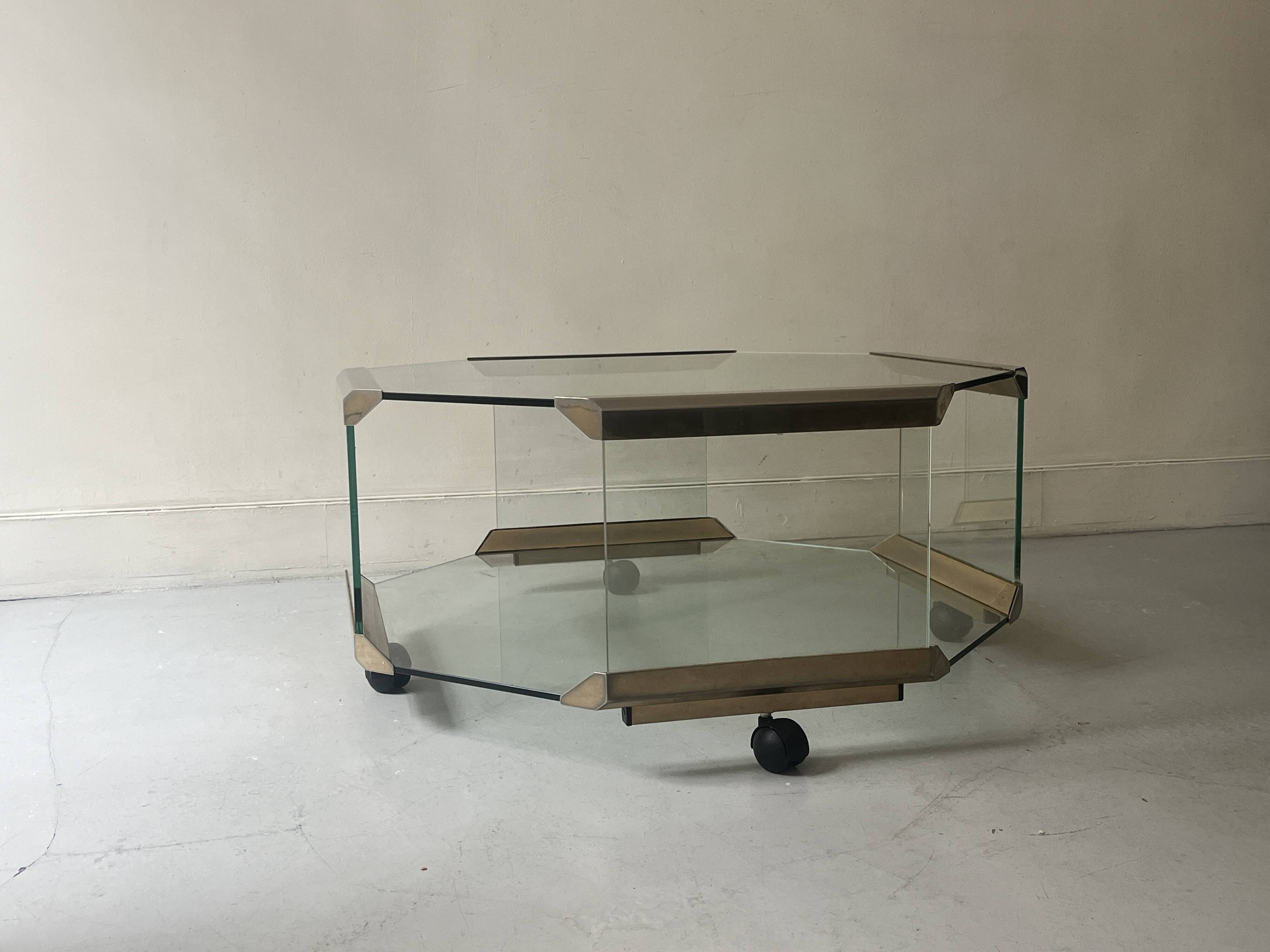 Hexagonal coffee table on wheels in glass and brass by Galloti & Radice, Italy 1970
