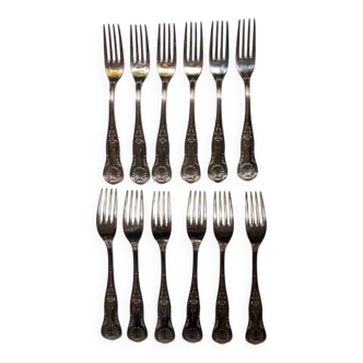 Set of twelve stainless steel silver forks with shell base