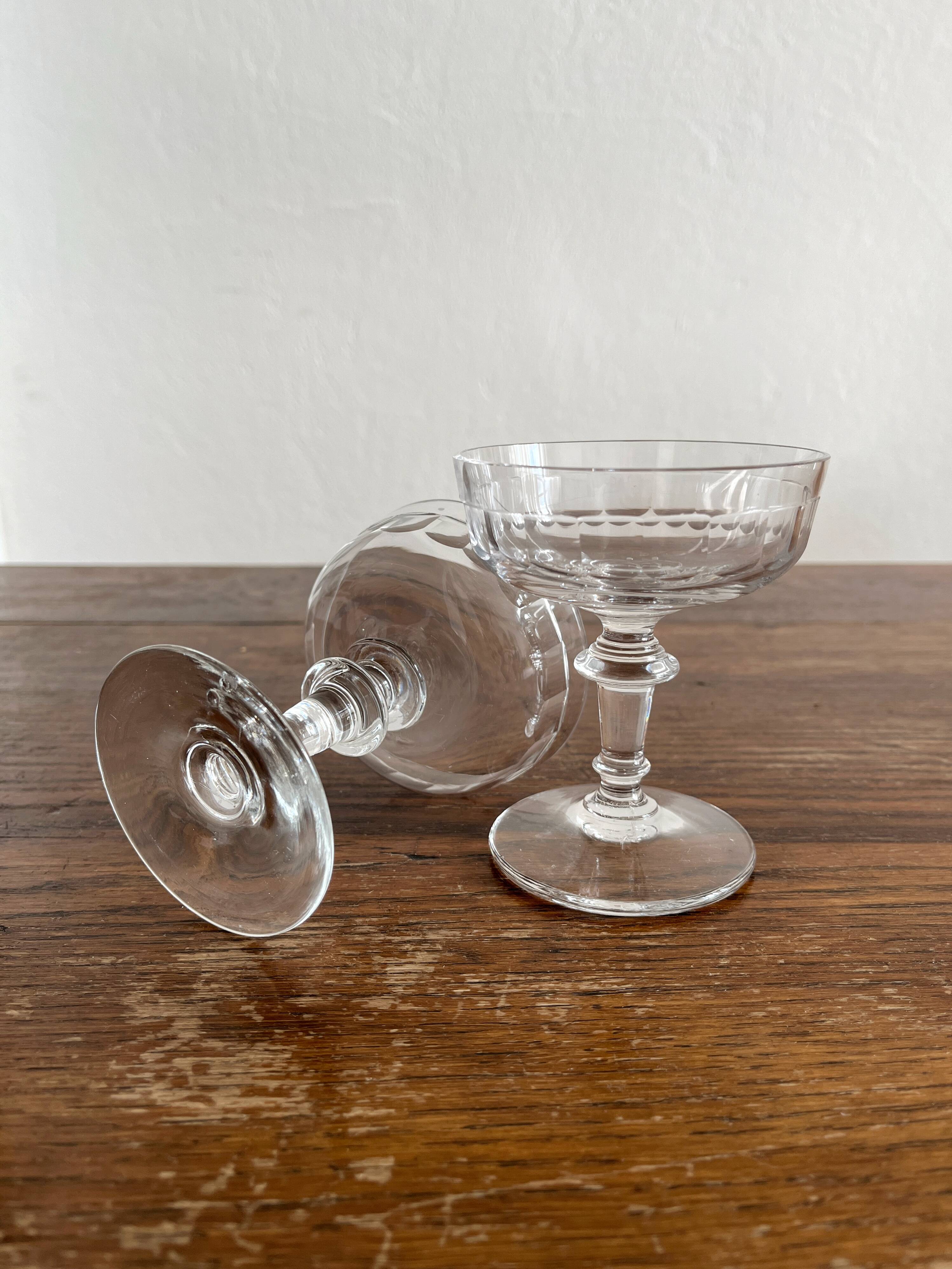 2 antique 19th-century blown glass champagne coupes with flat sides