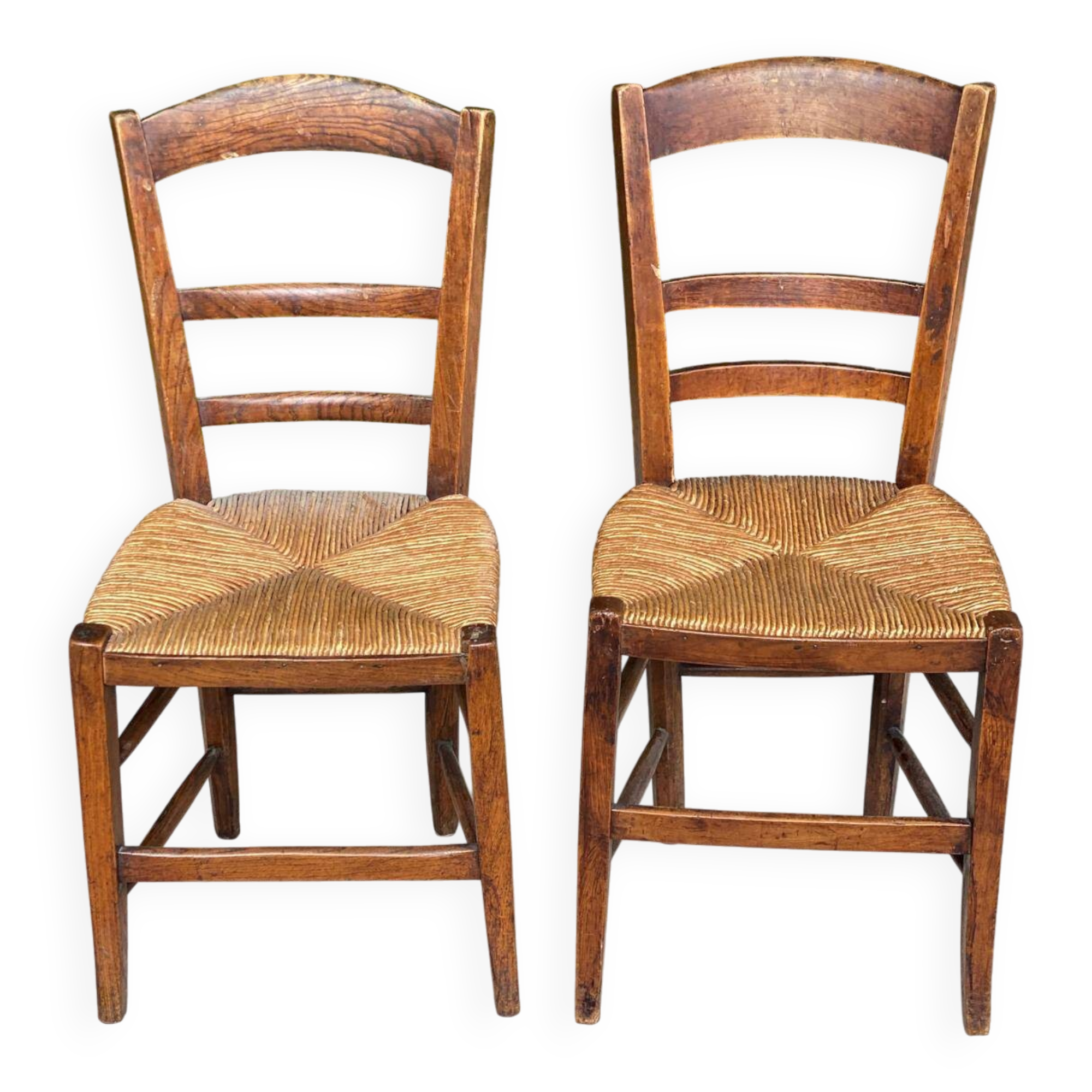 2 solid oak and straw wood chairs