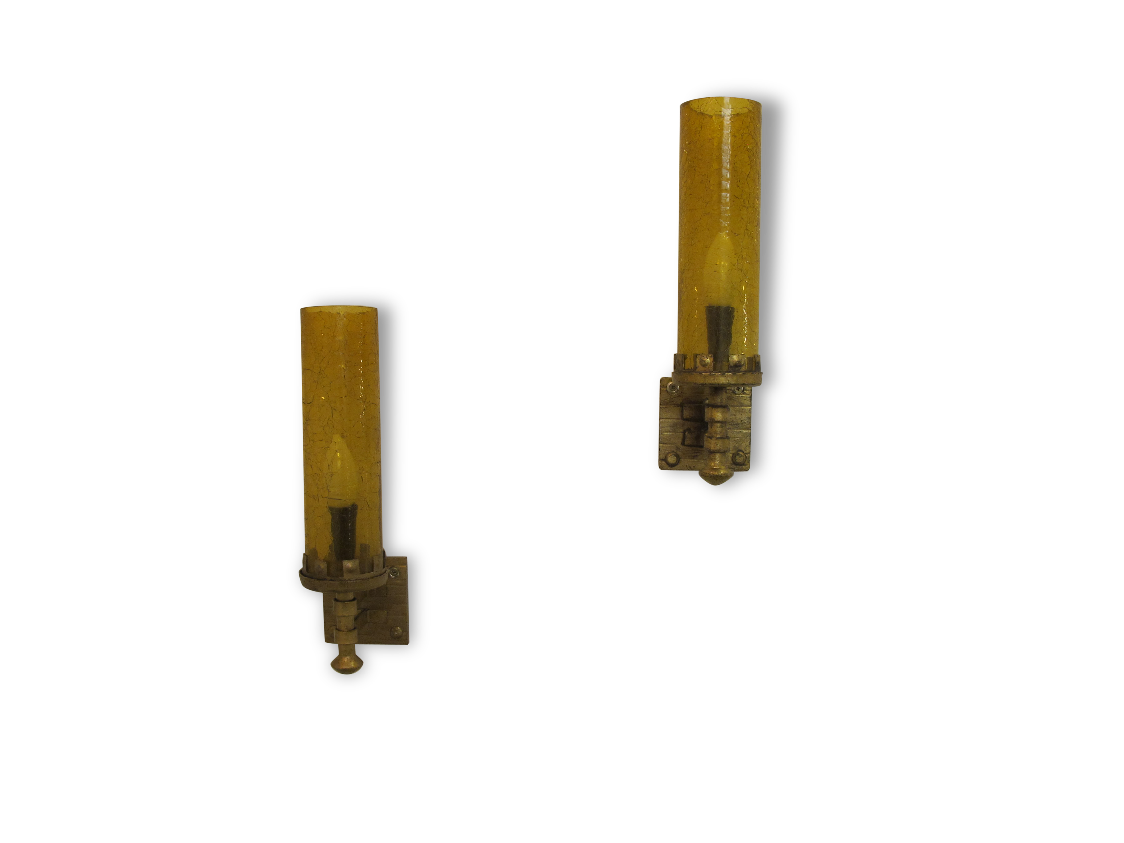 Pair of wall sconces, folded metal and yellow "shattered" glass