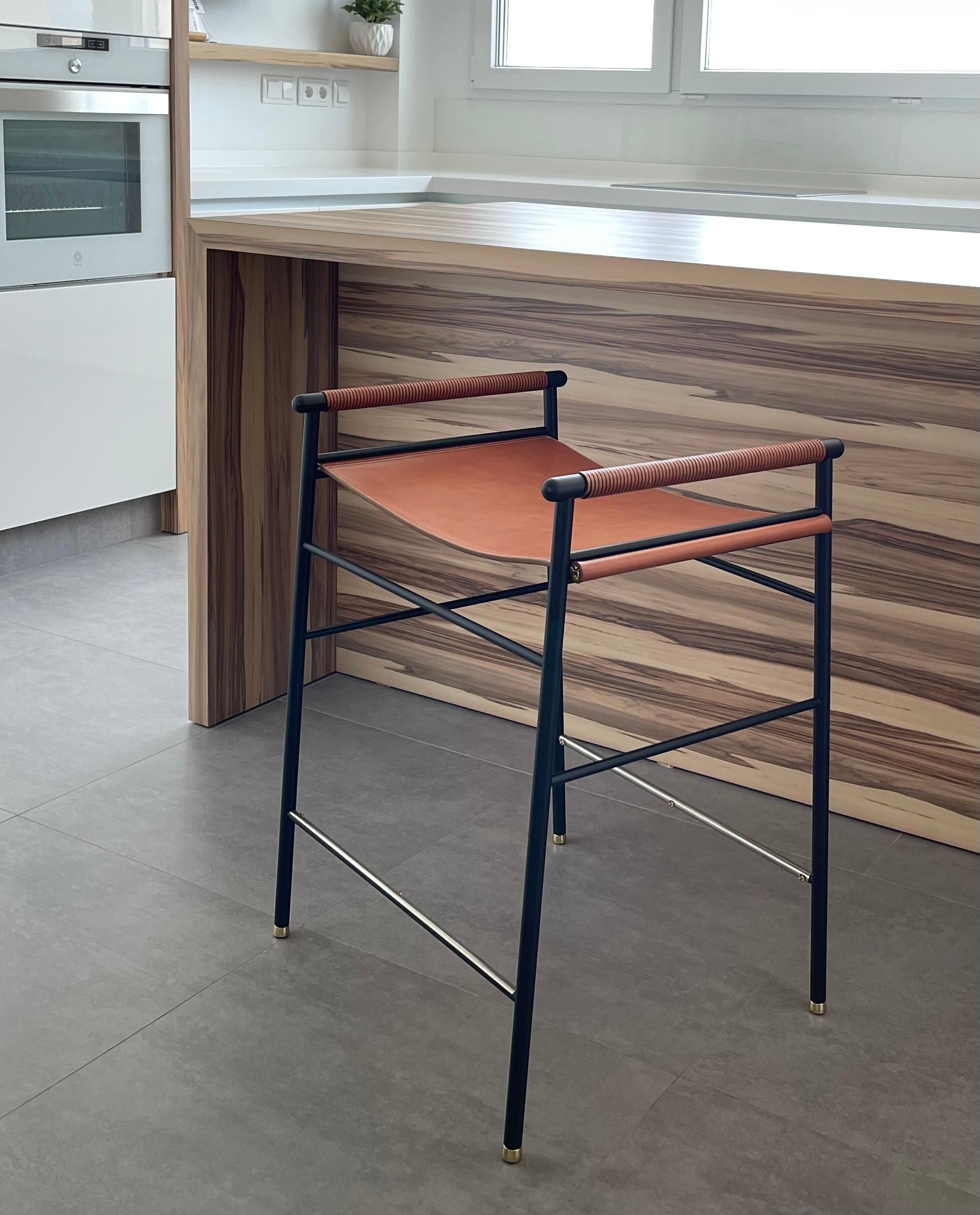 Contemporary Bar Stool Leather Cognac and Black Rubber Metal