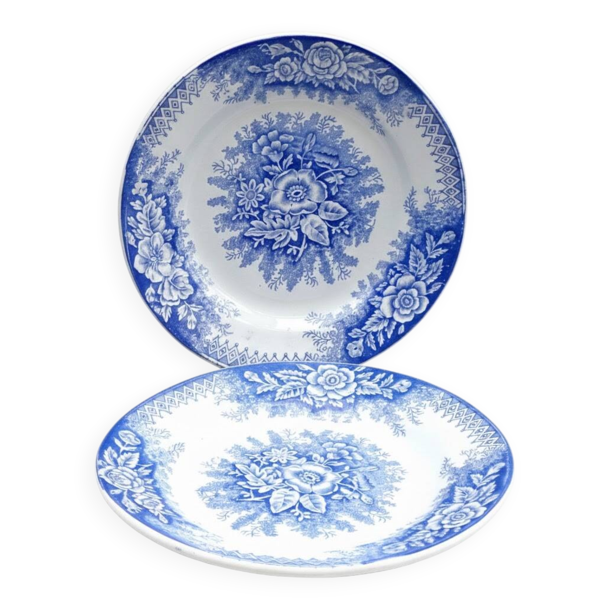 2 blue and white floral plates Terre de Fer St Amand Jardinière