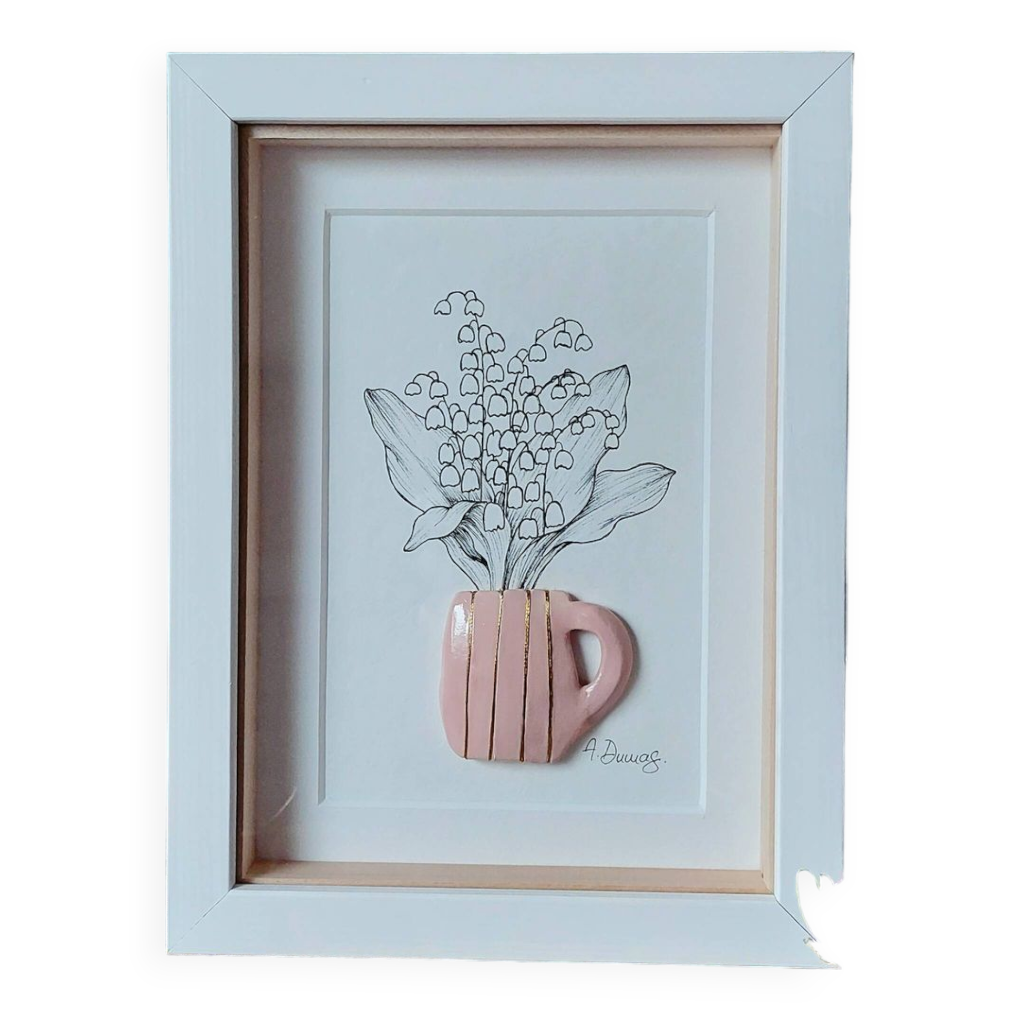 Composition of a bouquet of lily of the valley in a clay mug