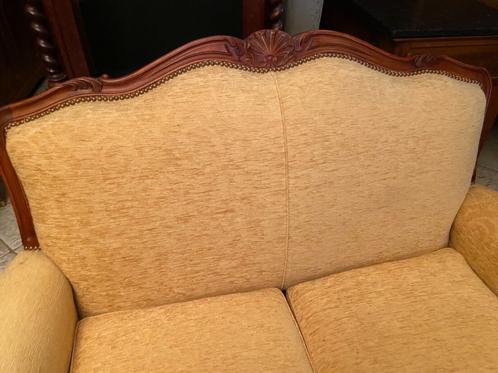 Sofa 2 places convertible sleeping 90x190 cherry Louis XV yellow velvet