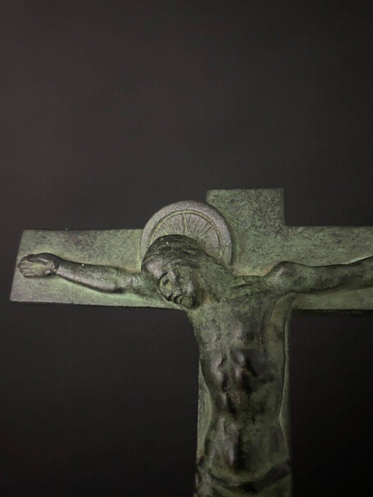 20th century bronze crucifix with green patina in the style of the Haute Epoque