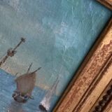 Oil on panel marine scene signed 20th century gilt leaf frame