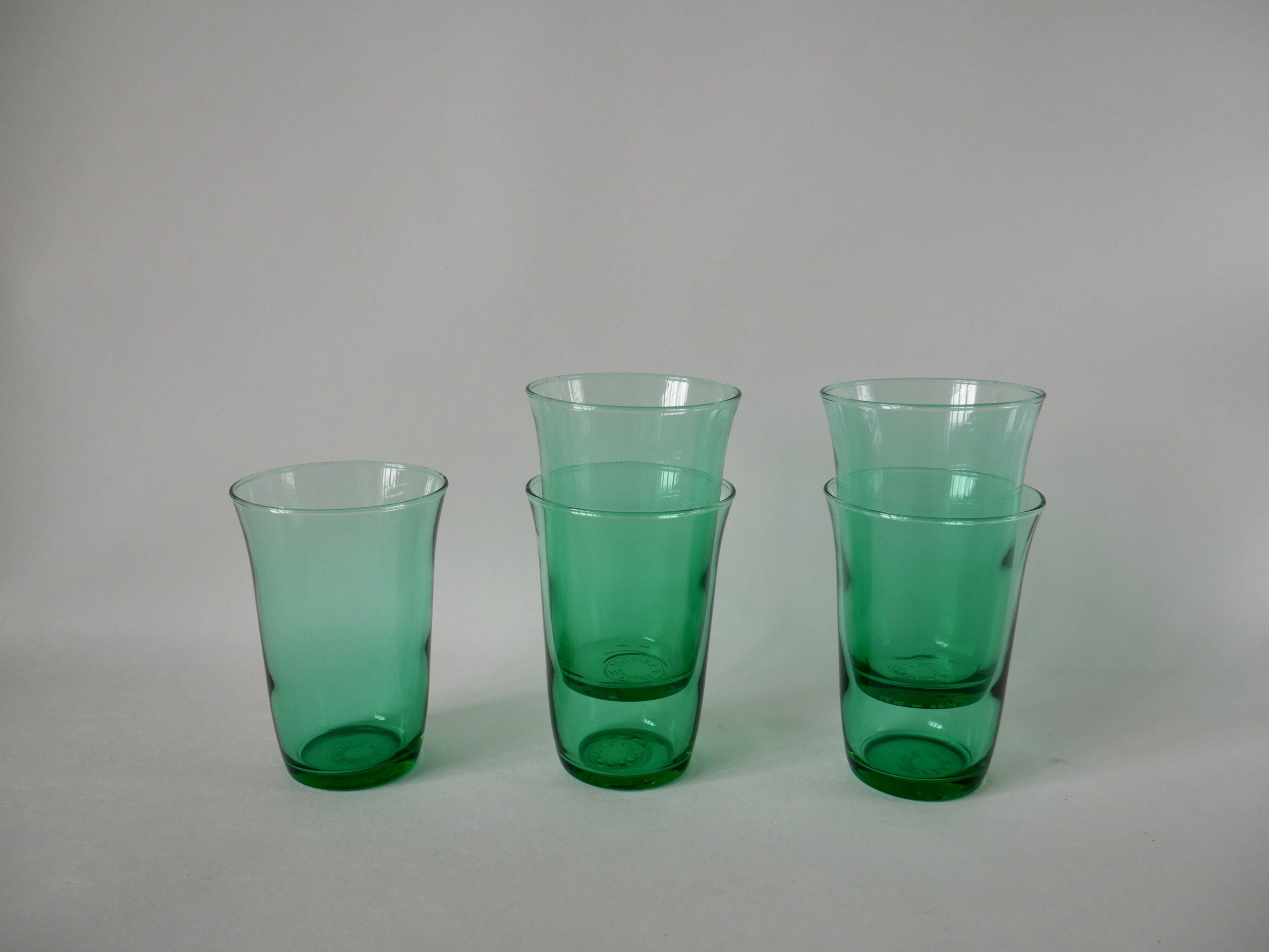 set of 5 green glass water glasses made in France 70s