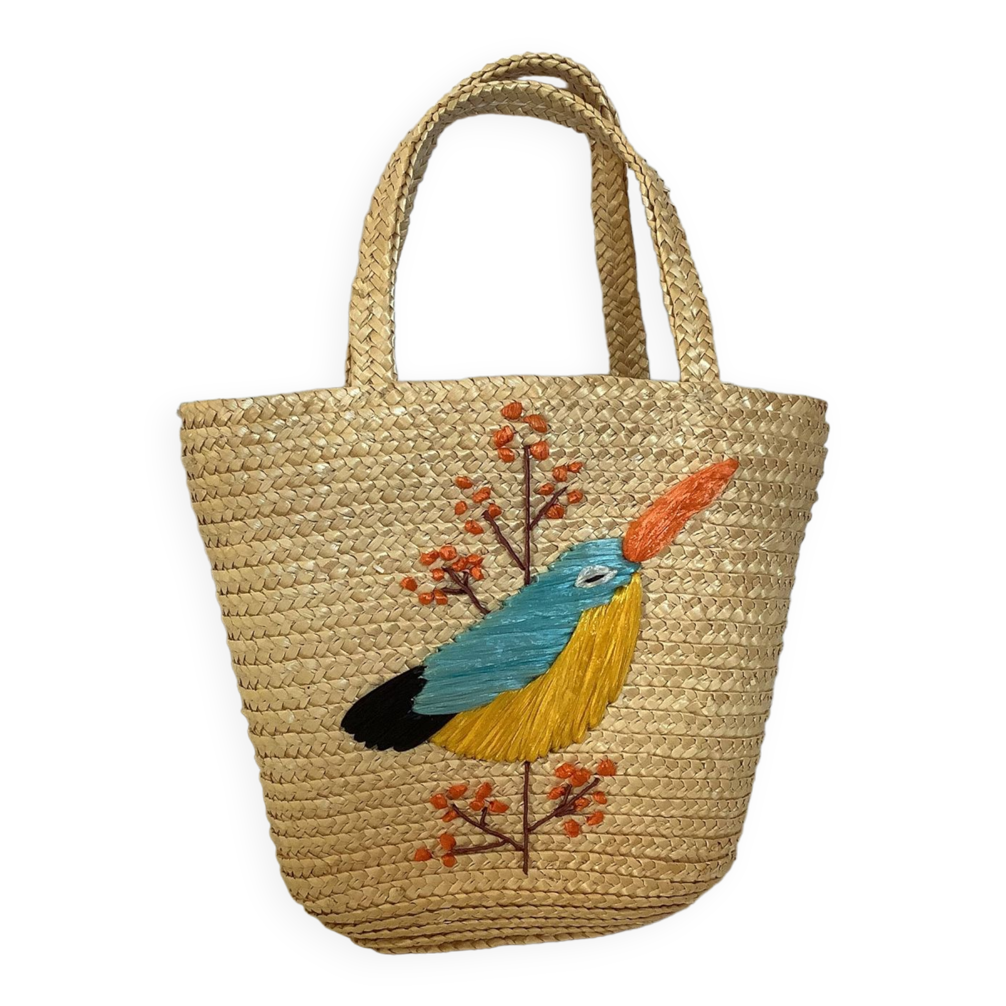 Old woven straw basket embroidered raffia