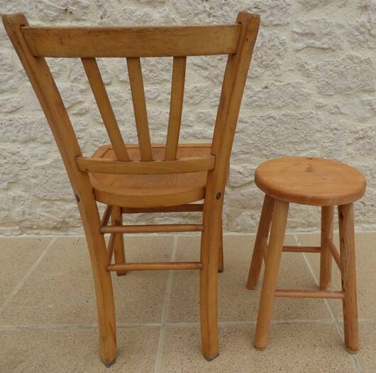 Chair and stool in solid wood in its patina