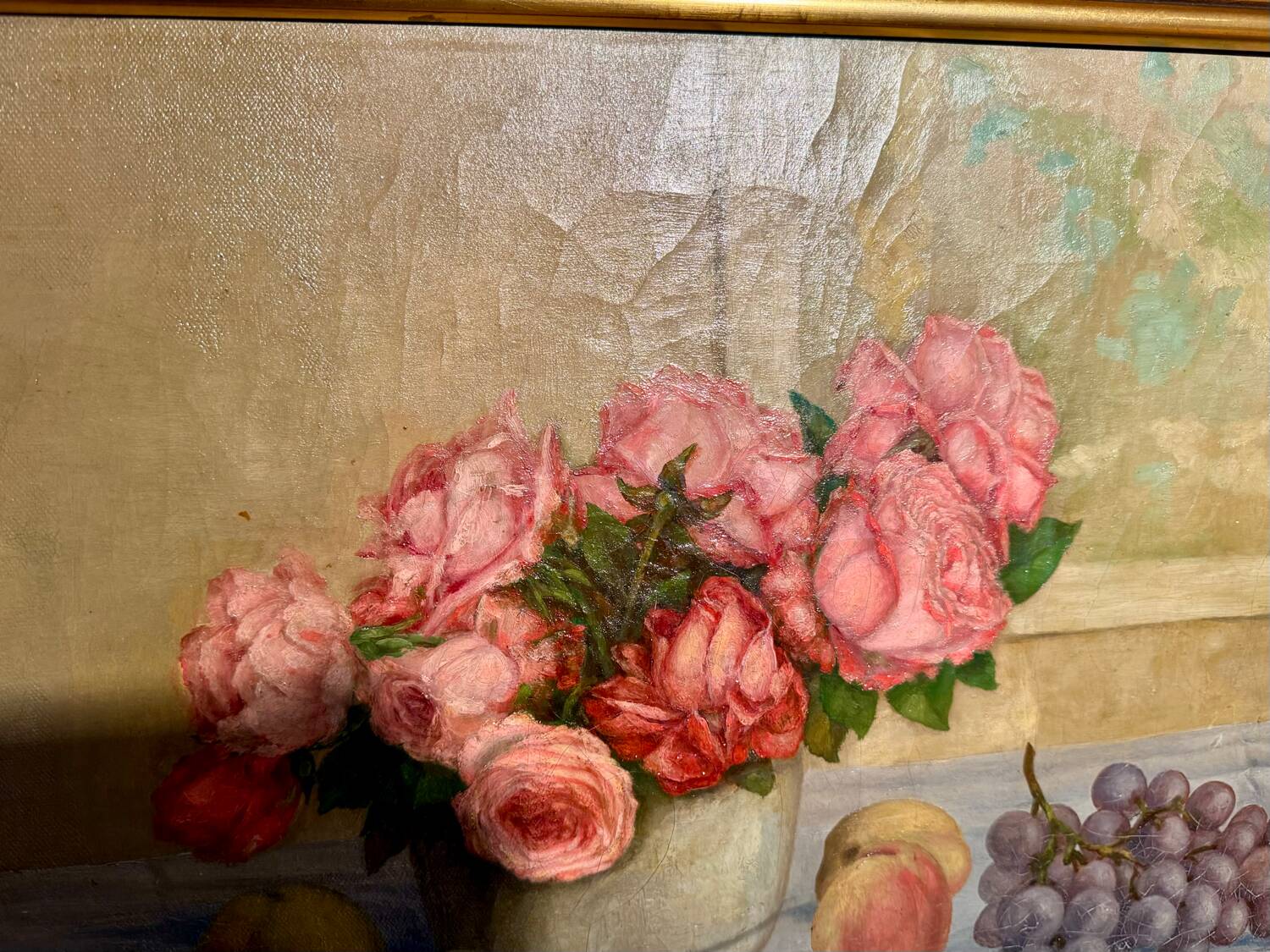 Old painting, Still life or roses and fruits, early 20th century