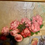 Tableau ancien, Nature morte ou roses et fruits début XX siècle