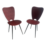 Pair of Mid-Century Red Vinyl Dining Chairs with Black Metal Legs, Sculptural Curved Backs