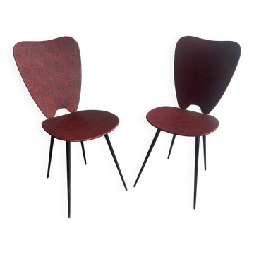 Pair of Mid-Century Red Vinyl Dining Chairs with Black Metal Legs, Sculptural Curved Backs