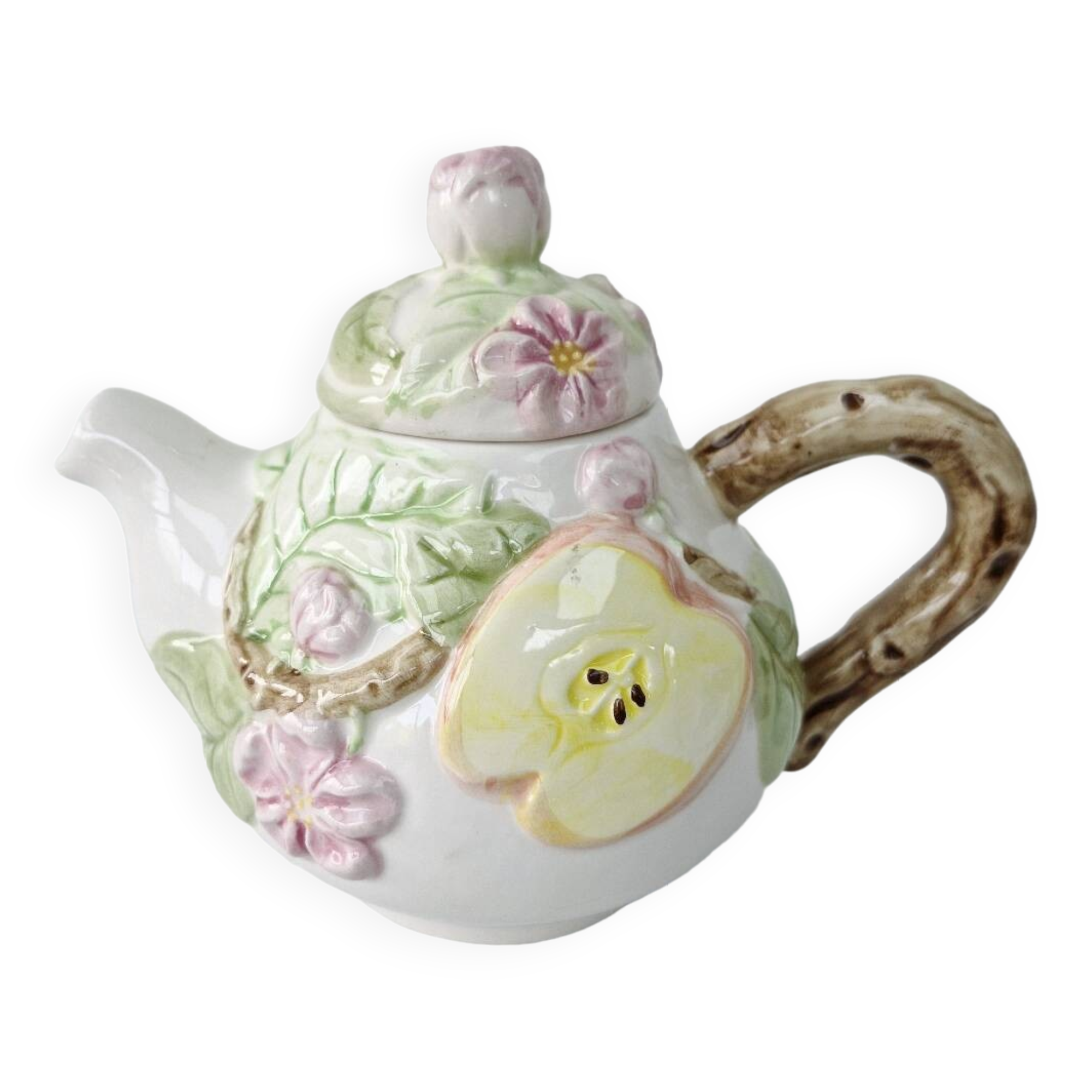 Vintage Ceramic Teapot Tisane Barbotine Apple Apple Tree