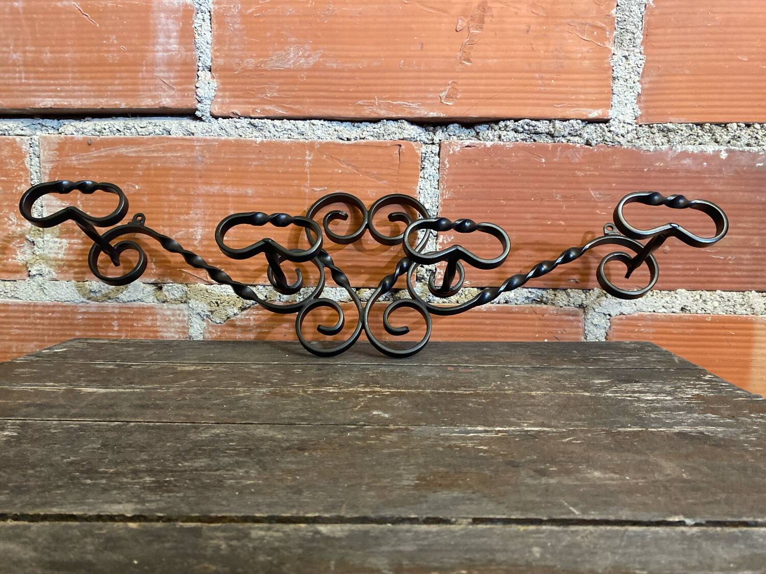 Vintage Wall Coat Rack with 4 Black Wrought Iron Heart-Shaped Hooks