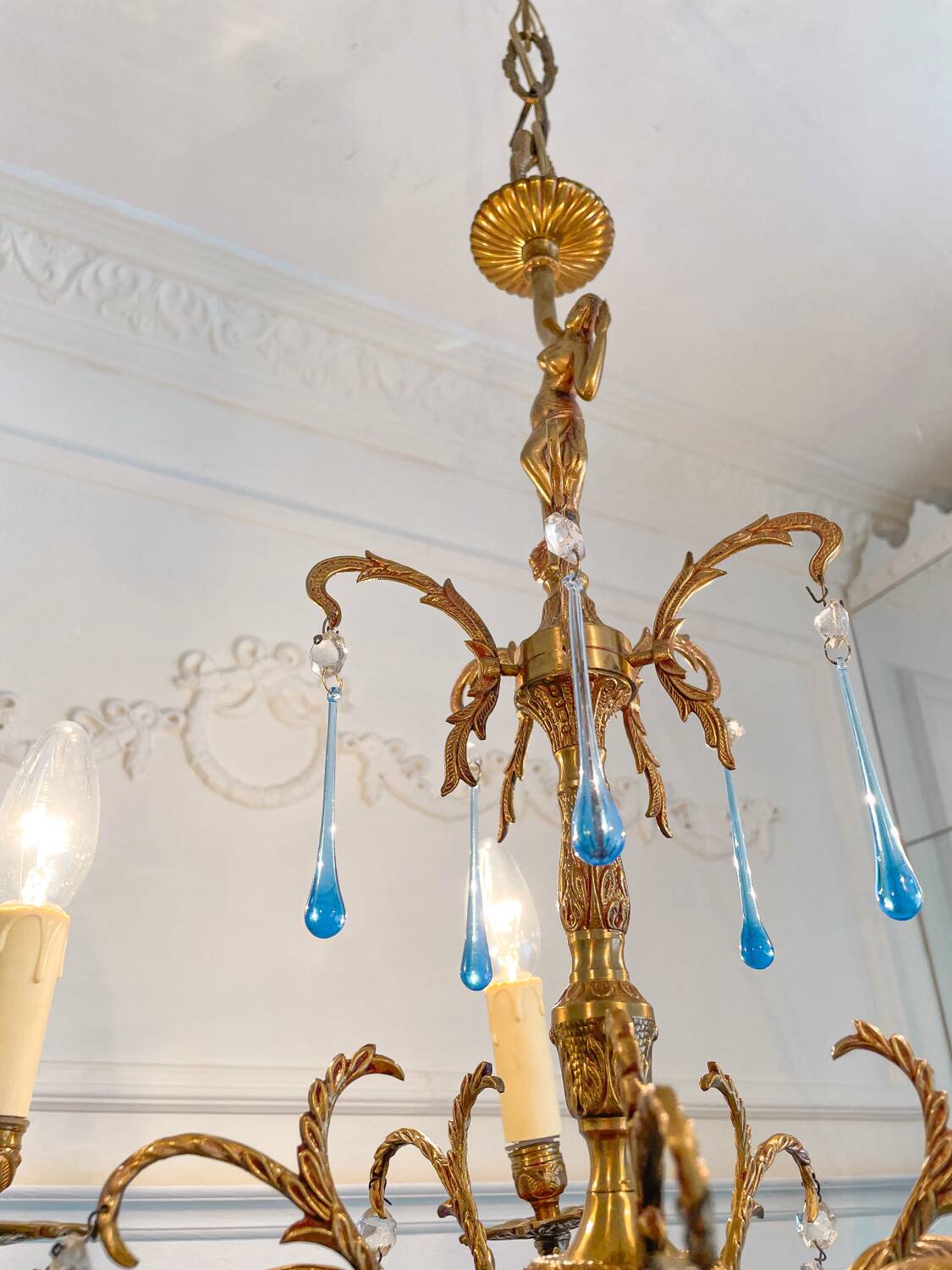 Élégant lustre vintage en bronze avec pampilles Murano bleu saphir – 5