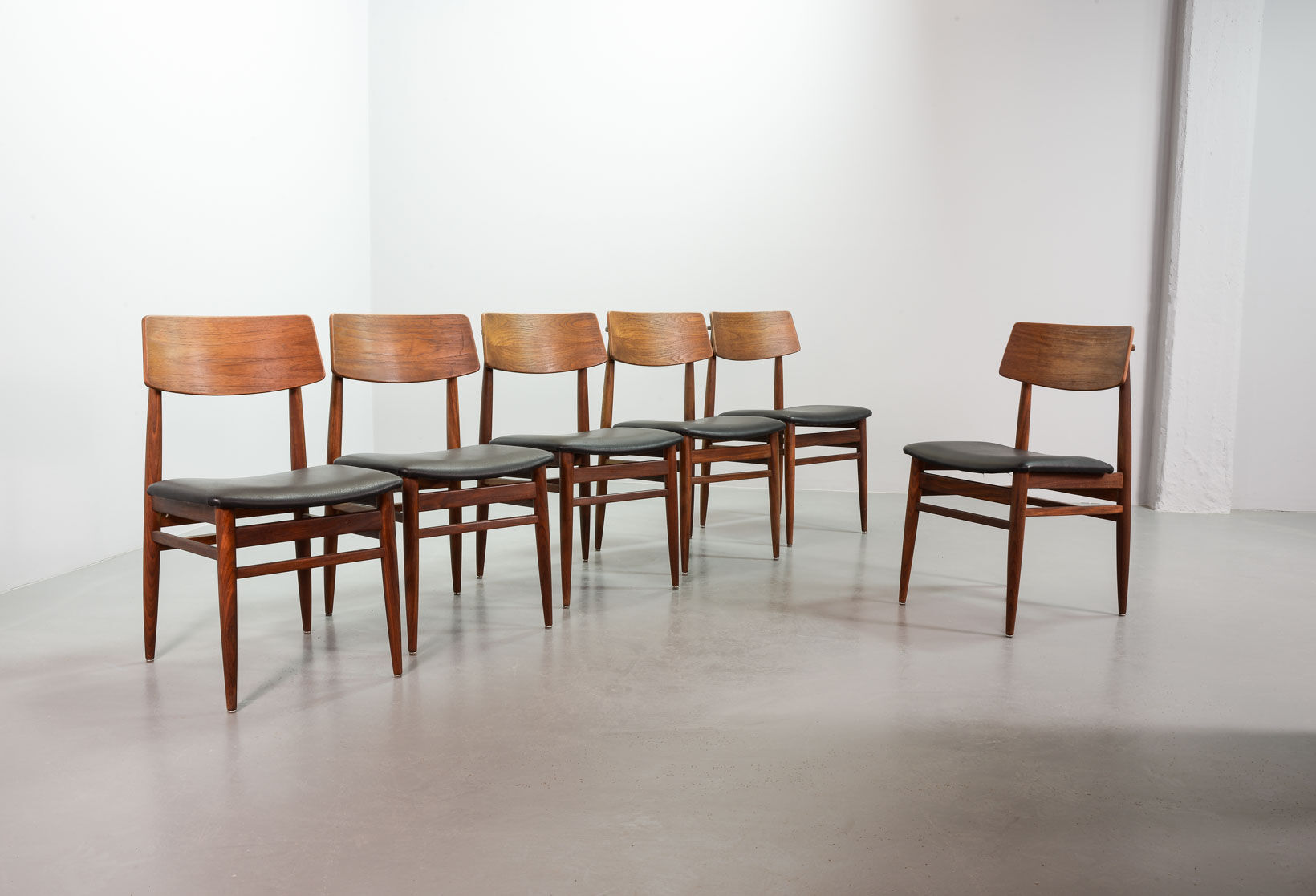 Danish Solid Teak Wooden Dining Chairs with Black Leatherette Seating 1960s