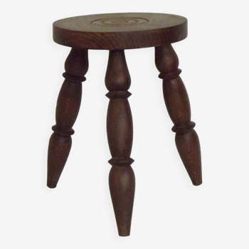 Vintage French Hand Made Wood Milking Stool 3 Spindle Legs Bullseye Seat 4788