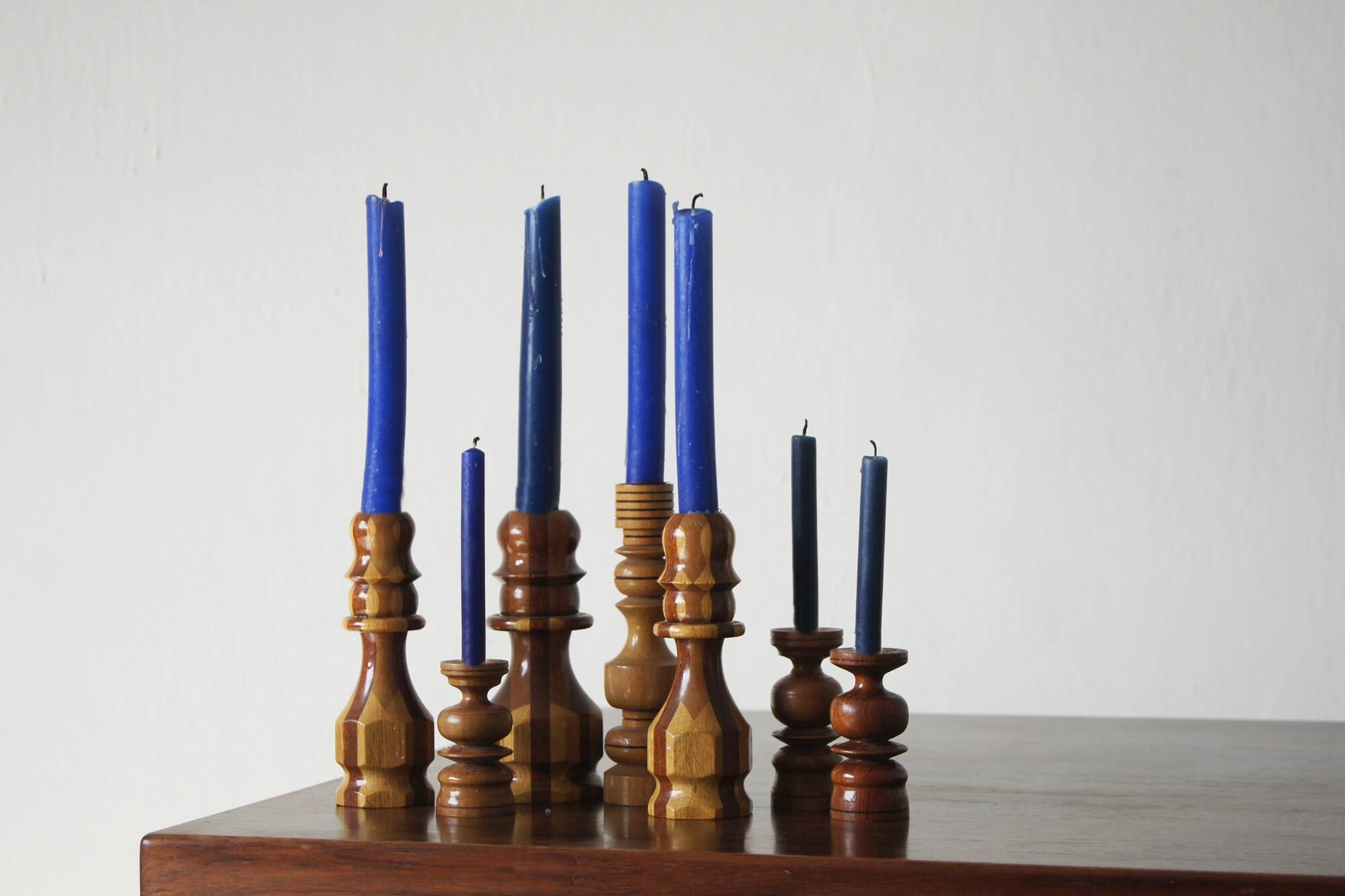 Scandinavian Wooden Candleholders, Set of 7