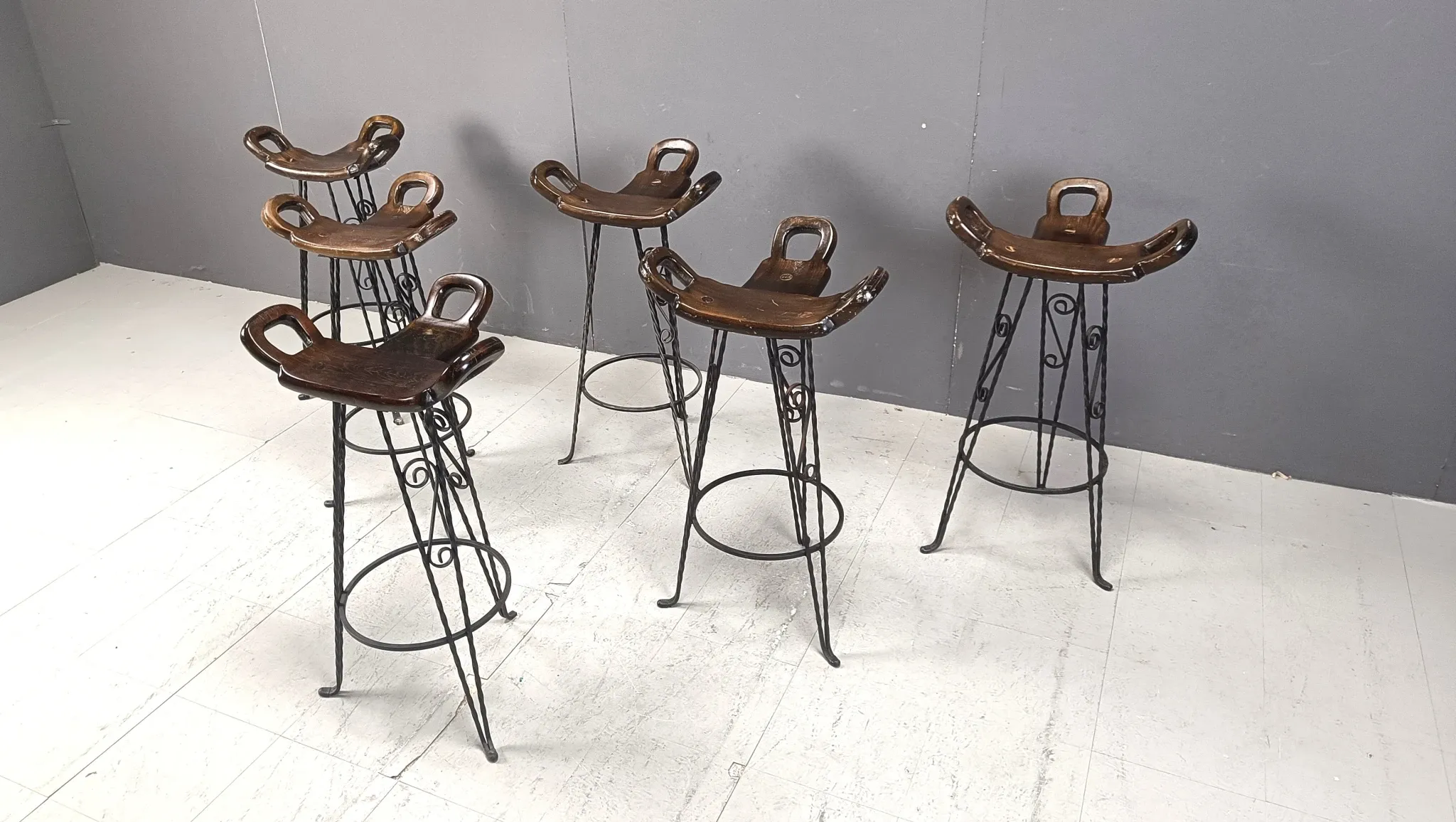 Vintage Spanish wrought iron bar stools, 1960s - set of 6