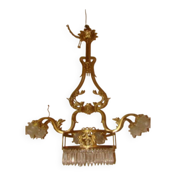 lustre bronze et laiton à 6 bras de lumière époque début XX ème