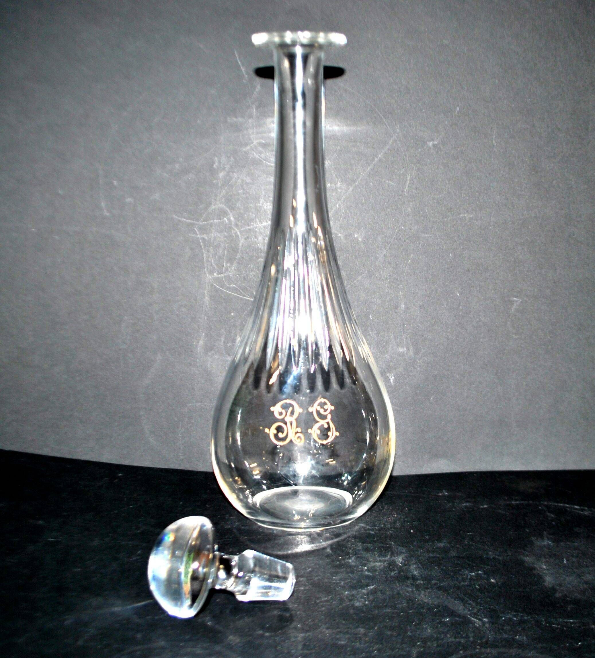 Carafe ancienne en cristal taillé et gravure dorée monogramme RG H33.5cm
