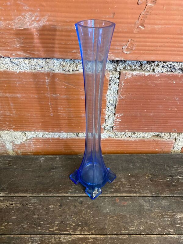 Vase Soliflore Ancien Verre Bleu Vertical Vintage Début XXeme #D755