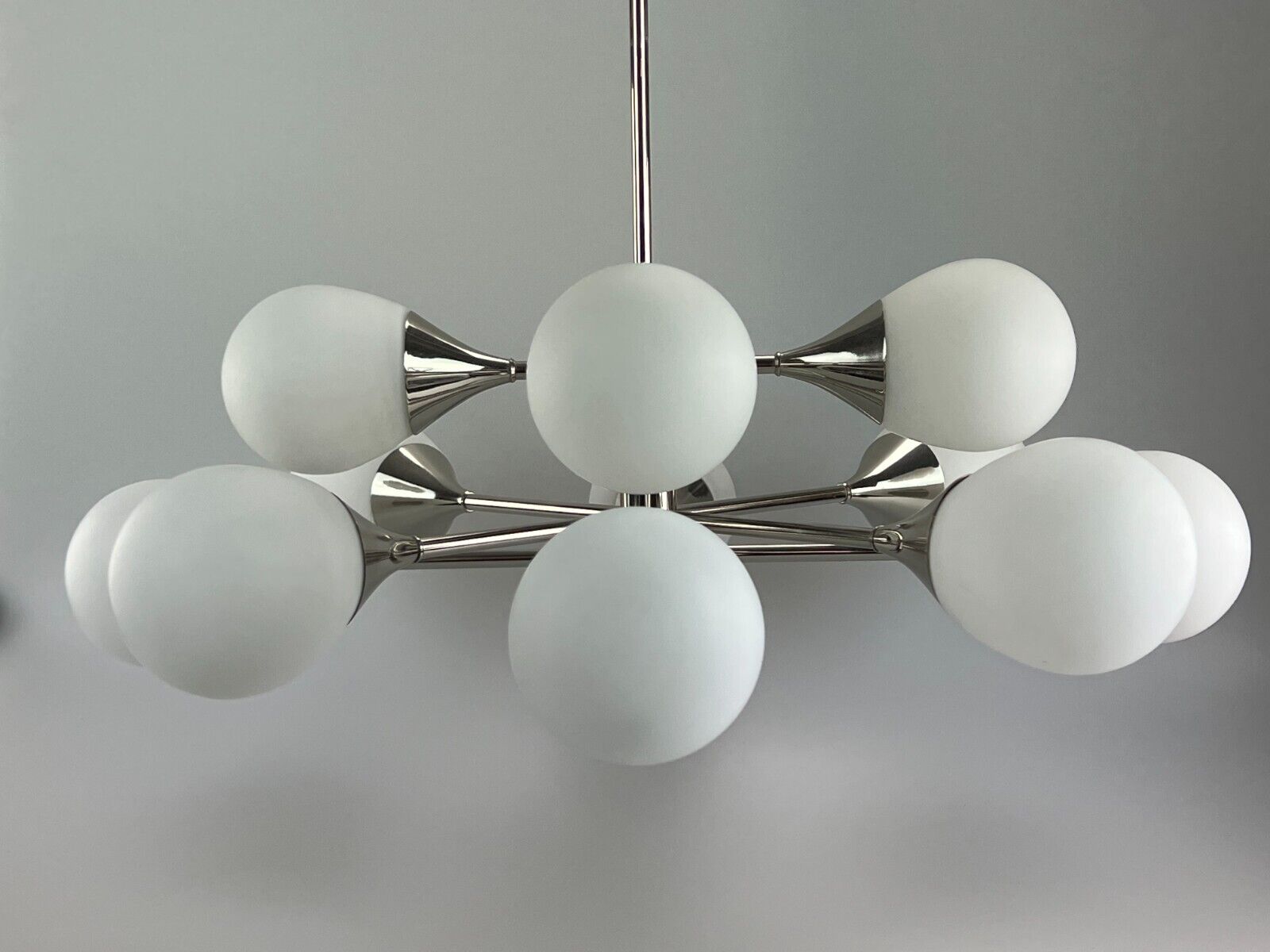 12-flame Sputnik chandelier from the 1960s and 1970s, Kaiser Leuchten, opal glass design