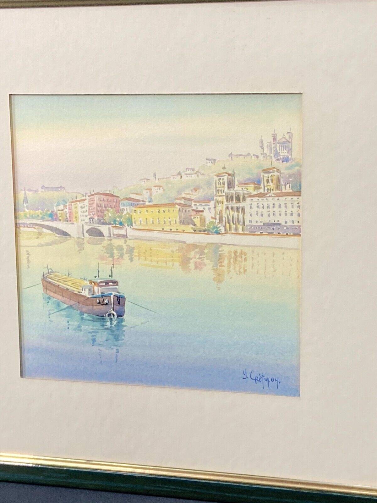 Painting signed Cretinon watercolor view of Lyon Notre-Dame de Fourvière Basilica