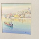 Painting signed Cretinon watercolor view of Lyon Notre-Dame de Fourvière Basilica