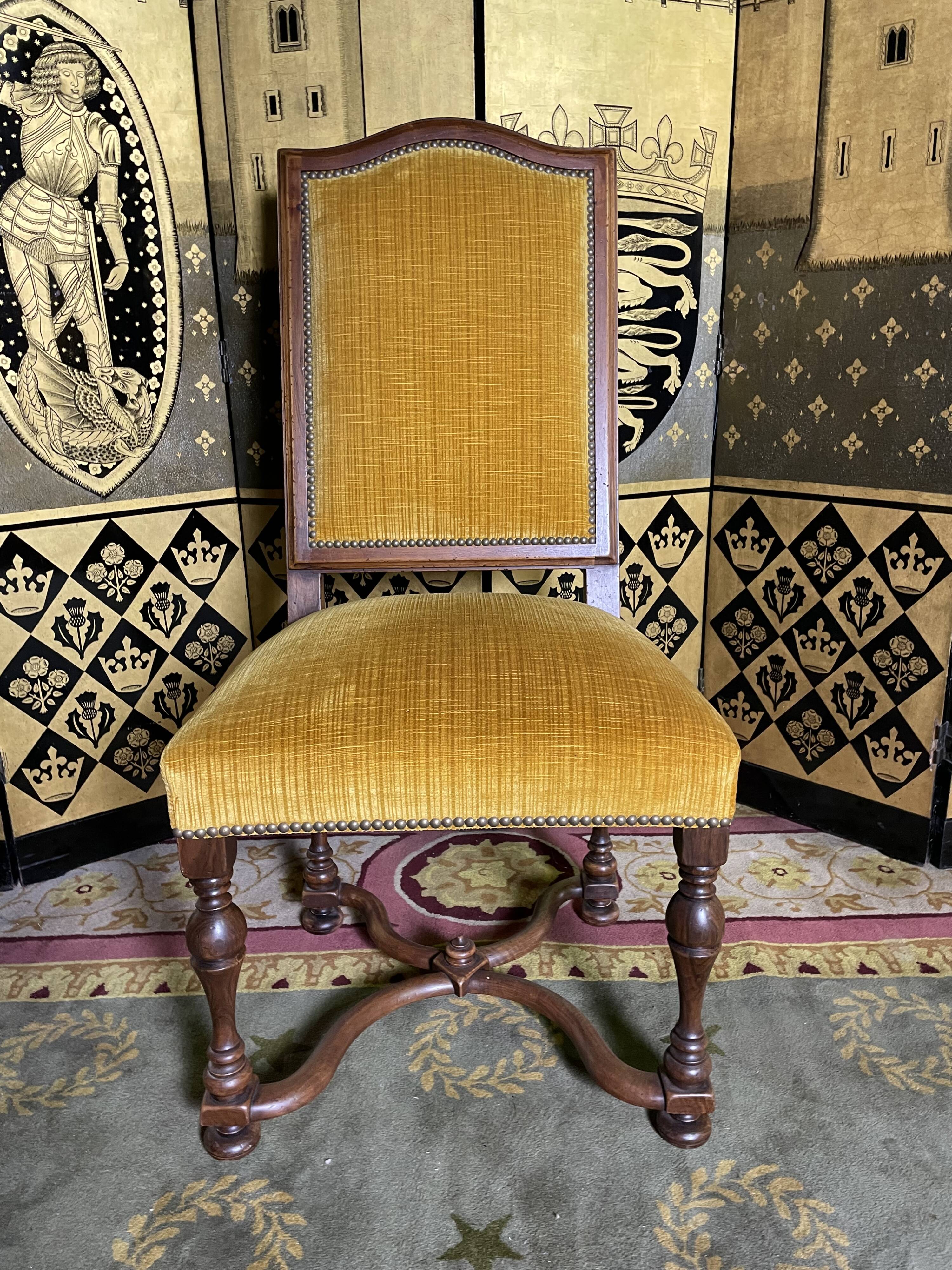 Suite of 6 chairs walnut and yellow velvet louis XIV style