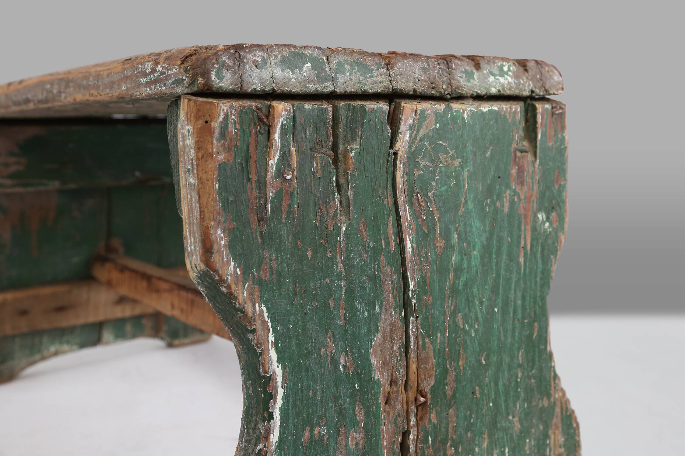 Industrial green wooden stool with nice patina, France 1900